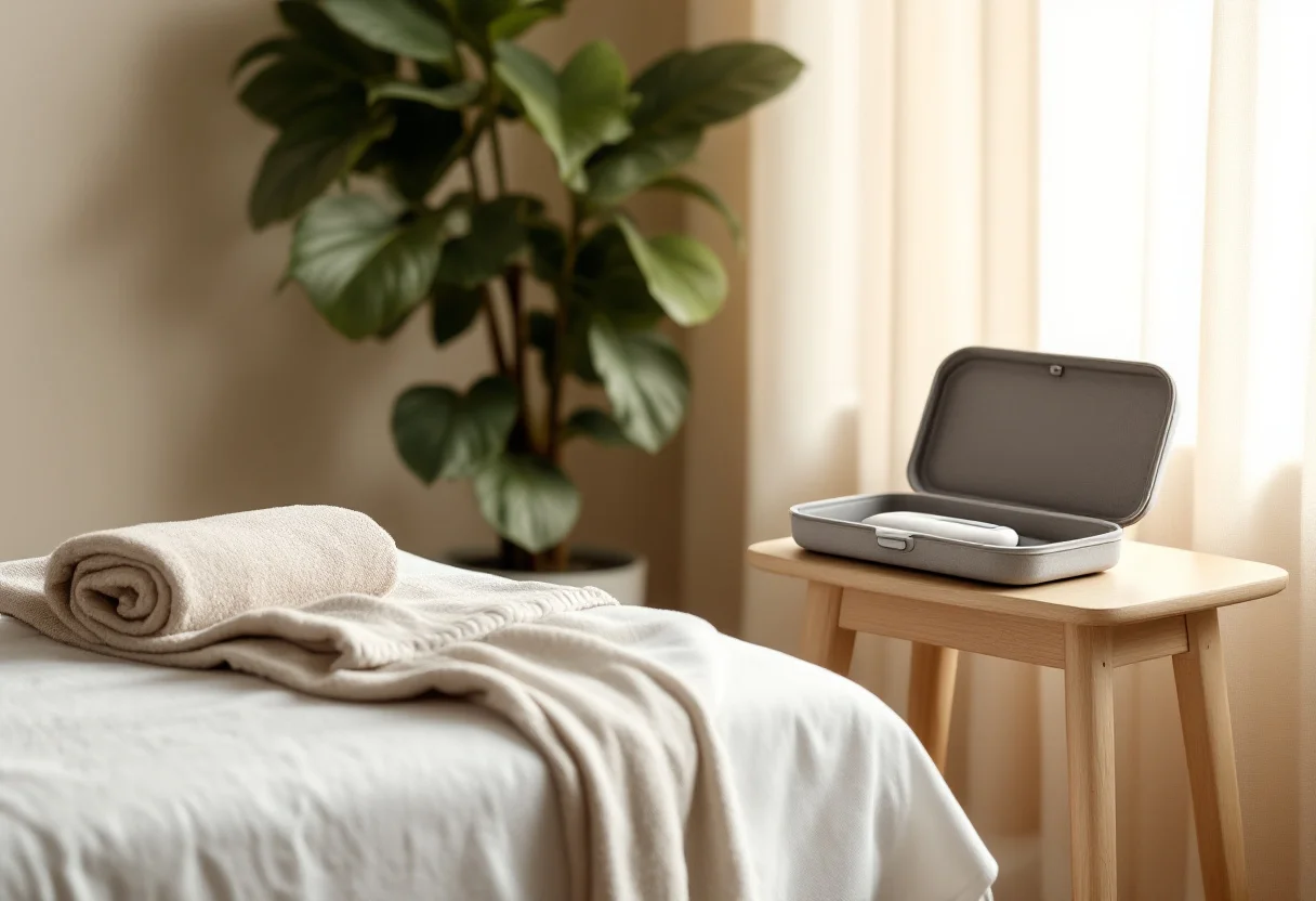 Cabinet de bien-être avec table de soin et étui de stylet d'acupuncture non invasive posé sur une desserte