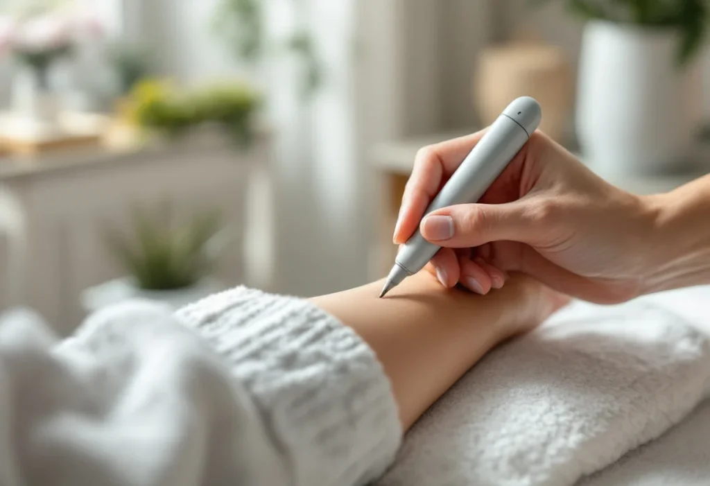 Stylet de détection et de stimulation posé sur l'avant-bras, geste de base de l'acupuncture non invasive sans aiguille