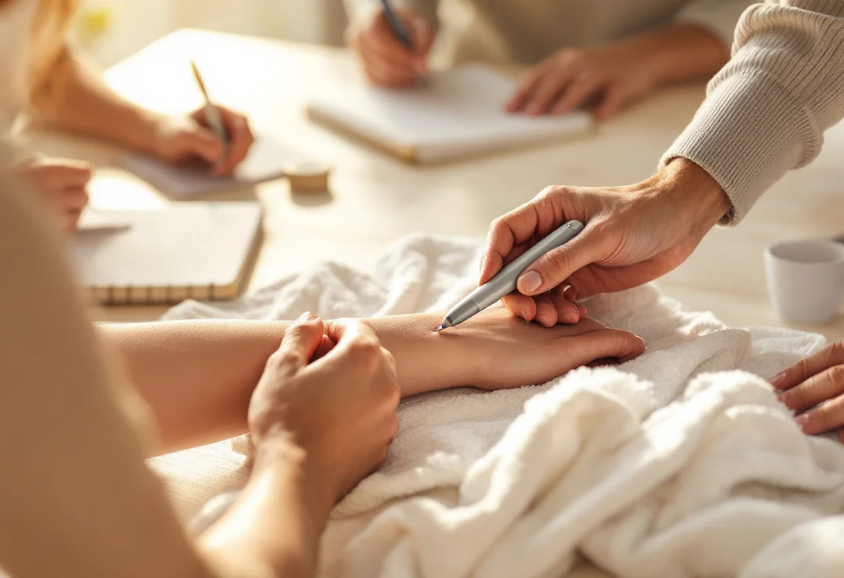 Atelier de formation en présentiel : une main guide le geste d'un participant tenant un stylet d'acupuncture non invasive