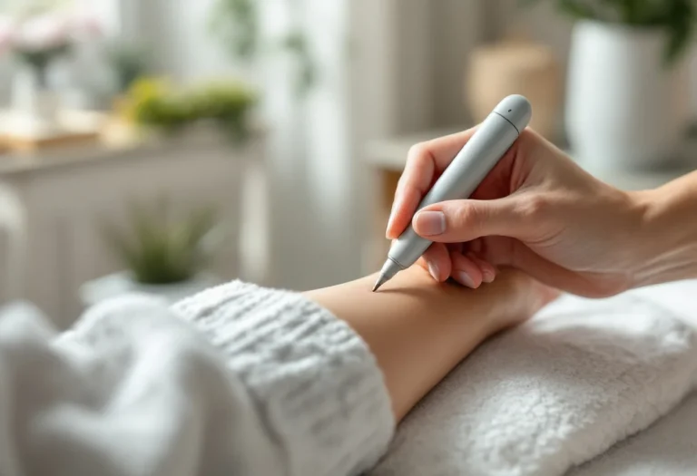 Stylet de détection et de stimulation posé sur l'avant-bras, geste de base de l'acupuncture non invasive sans aiguille