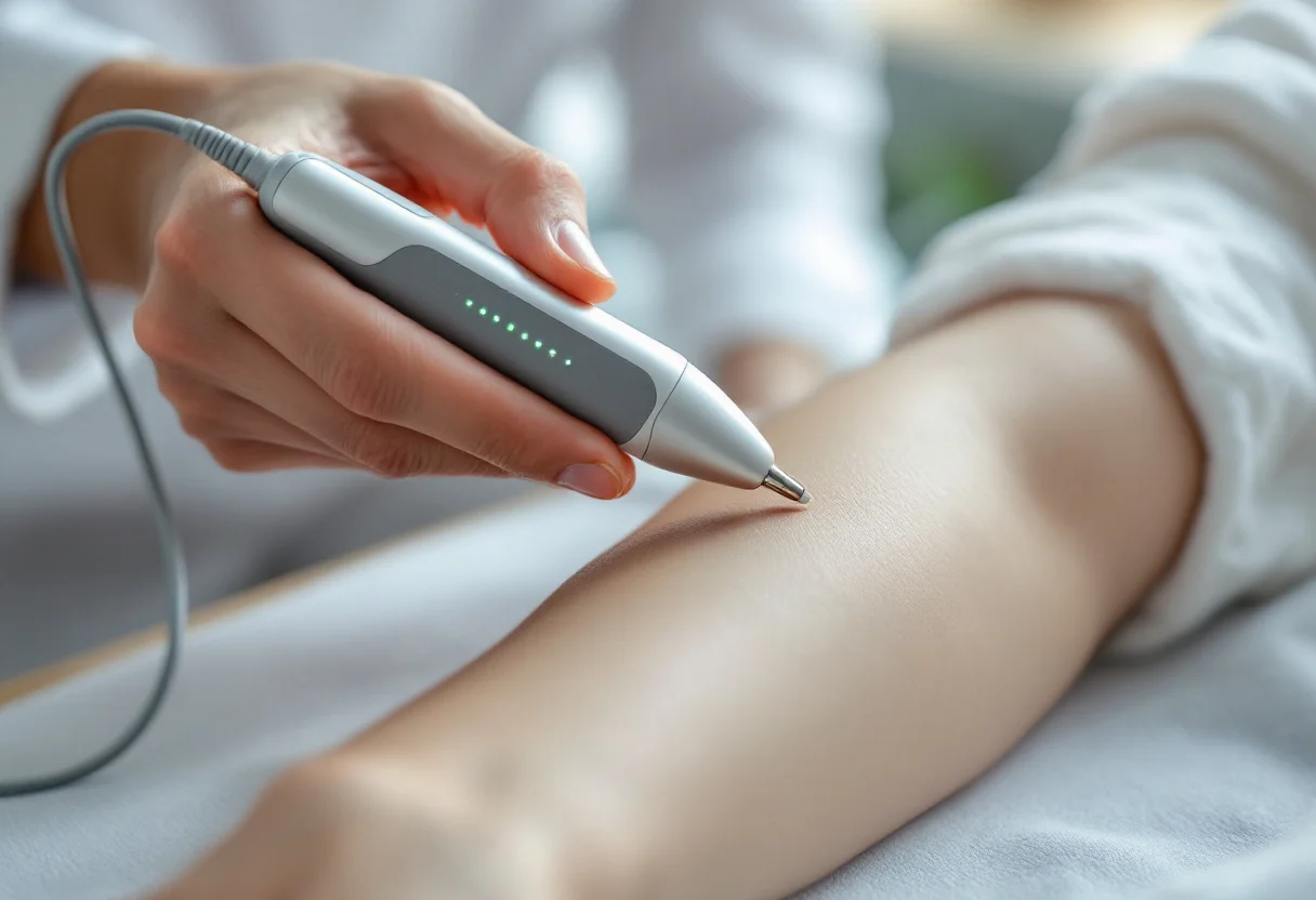 Stylet de détection posé sur l'avant-bras, la personne tenant une poignée de masse métallique