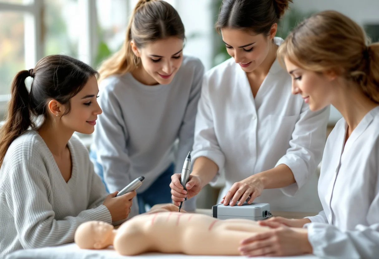 Une formatrice en tunique blanche guide la main d'une stagiaire qui pose un stylet de détection sur l'avant-bras d'une participante. La participante tient une poignée métallique reliée au boîtier, sous le regard d'autres stagiaires.
