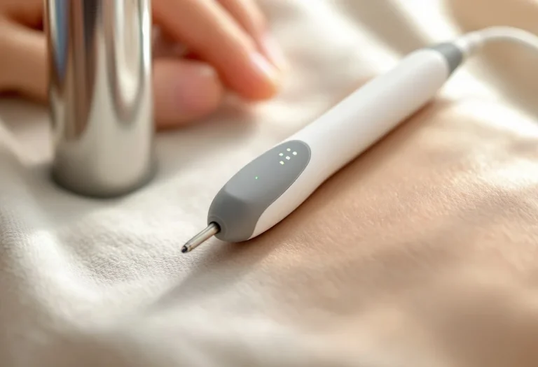 Luxopuncture ou stylet : stylet de détection électronique à LED et poignée de masse posés sur un linge clair