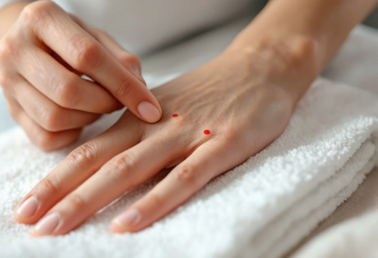 Main posée paume à demi tournée, quatre points rouges marqués entre pouce et index, sur le bord externe, au pli du poignet et sur l'avant-bras