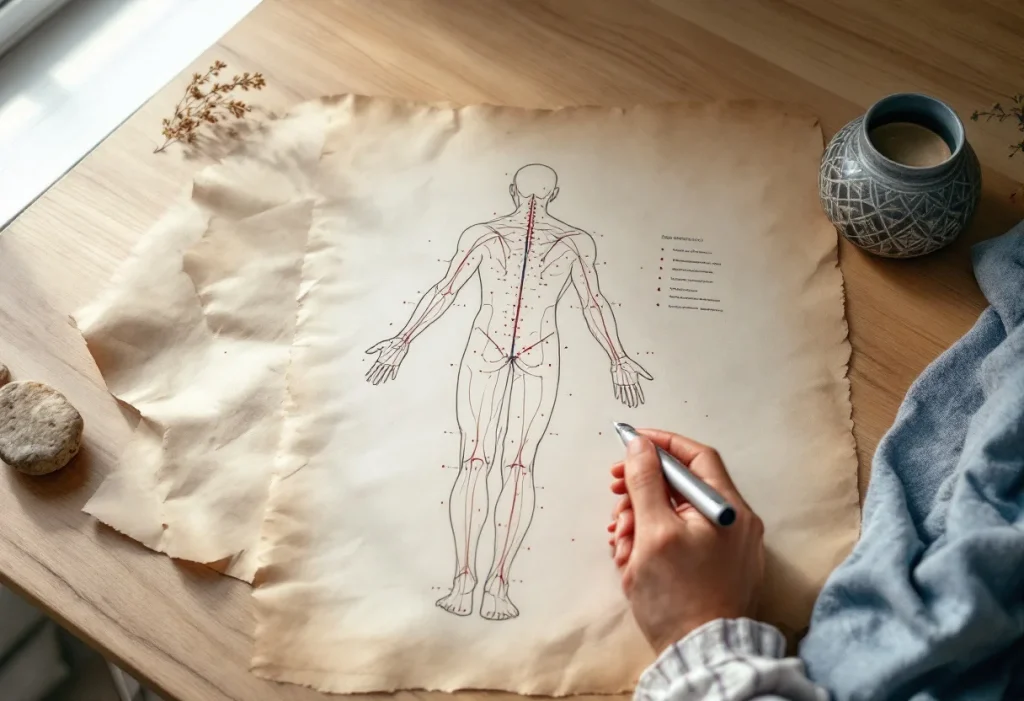 Point d'acupuncture schéma : carte anatomique des méridiens avec les principaux points d'acupuncture